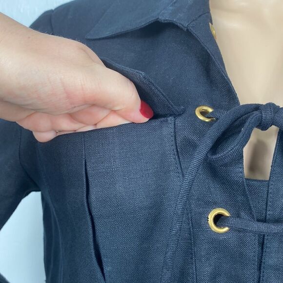 Cheetah B Sherrie Bloom Black Linen Long Sleeves Collared Dress - Picture 3 of 11